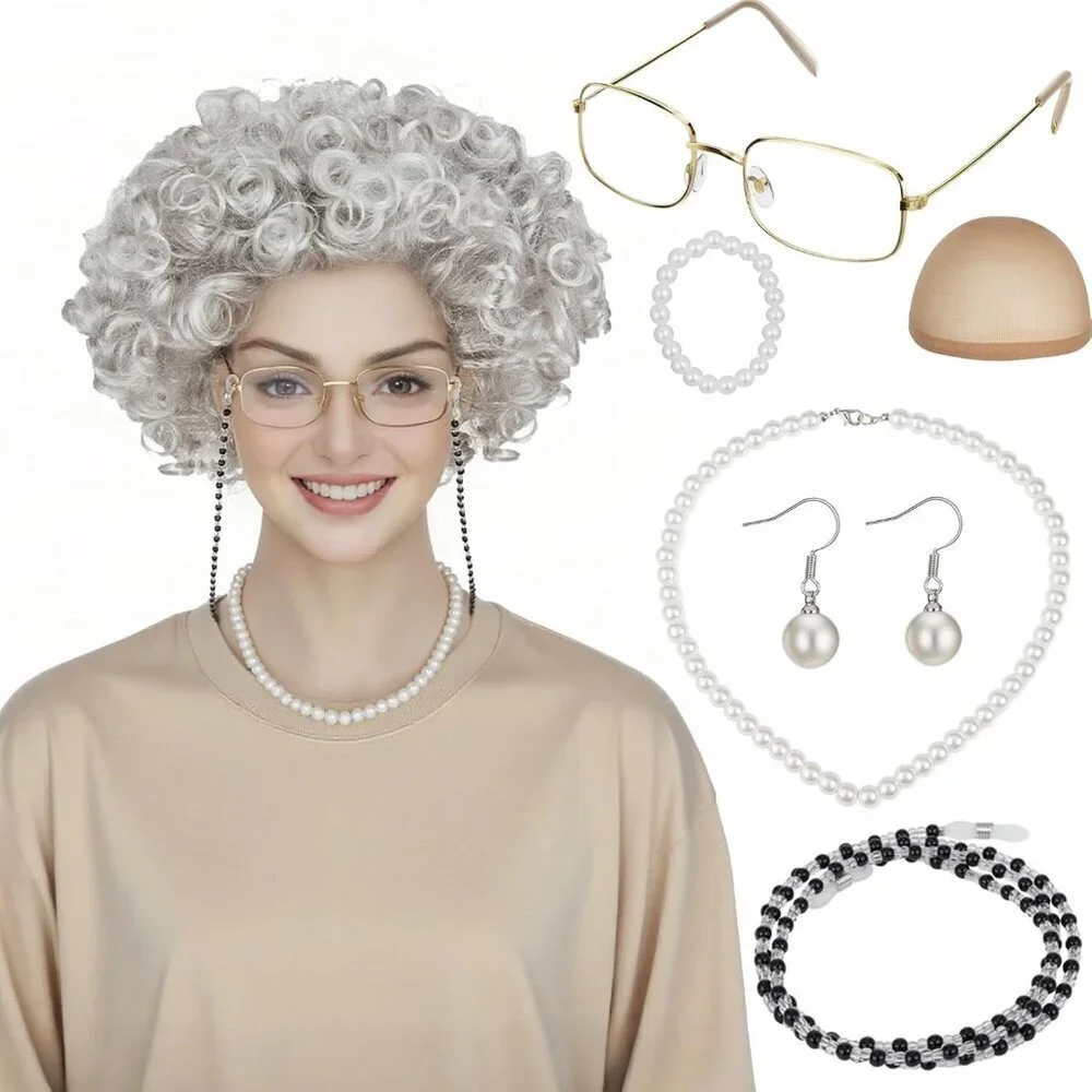 Old Lady Wig Costume Set for Women Gray Hair Granny Cosplay Halloween Party